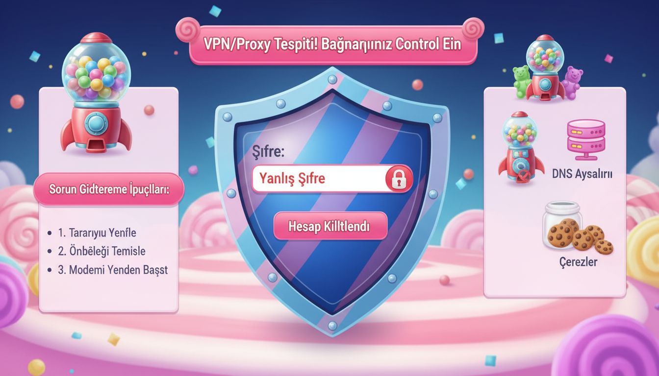 Giriş hatalarını temsil eden VPN yasağı, kilit ikonu, yanlış şifre mesajı.